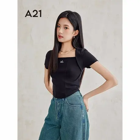 A21秋季2024新款时尚简约百搭上衣女装针织修身方领套头中短袖T恤图片