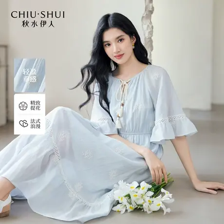 秋水伊人气质简约裙子2025年夏季新款时尚百搭A字版型系带连衣裙商品大图