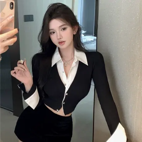 黑白装饰短款衬衫女春设计感小众假两件针织开衫长袖甜辣修身上衣商品大图