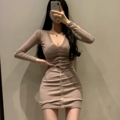 韩国东大门秋季新款性感V领显身材连衣裙女单排扣紧身长袖包臀裙商品大图