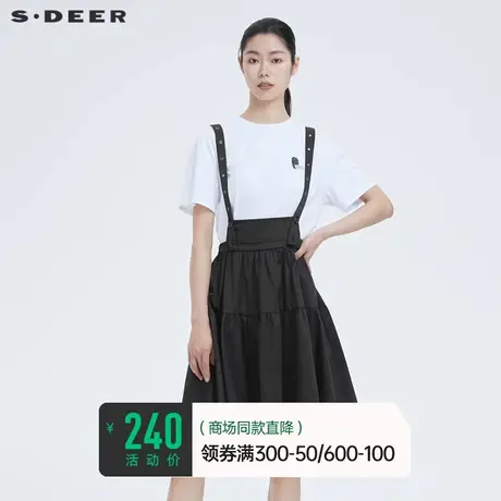 sdeer圣迪奥短裙女夏装甜美抽褶黑色可调背带裙S22281313商品大图