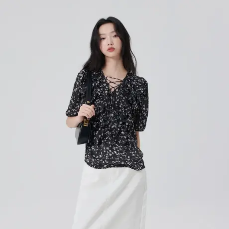 艾莱依法式浪漫小衫夏季新款碎花系带时尚简约日常通勤V领短袖女商品大图