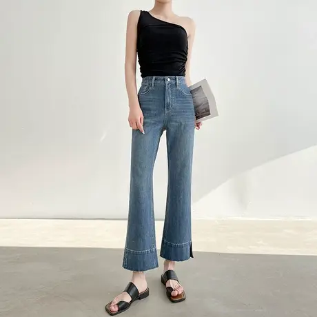 九分喇叭牛仔裤女春秋新款高腰显瘦八分小个子做旧宽松直筒微喇裤商品大图