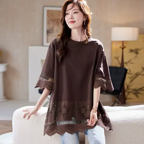 宝诗黎蕾丝镂空拼接中袖T恤2025夏季洋气波西米亚风宽松大码女装商品大图