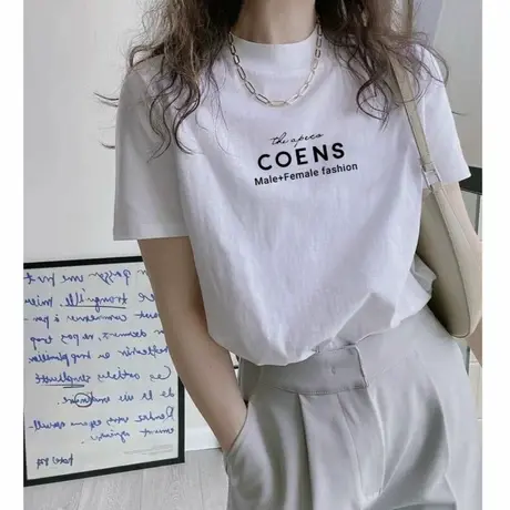 2025夏季新款正肩韩版半高领短袖t恤女白色字母印花修身半袖上衣图片