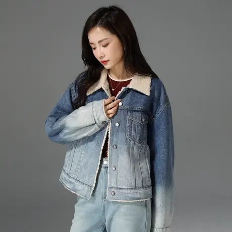 羊羔绒牛仔外套女2024新款秋冬复古翻领上衣宽松休闲夹克冬季加绒商品大图