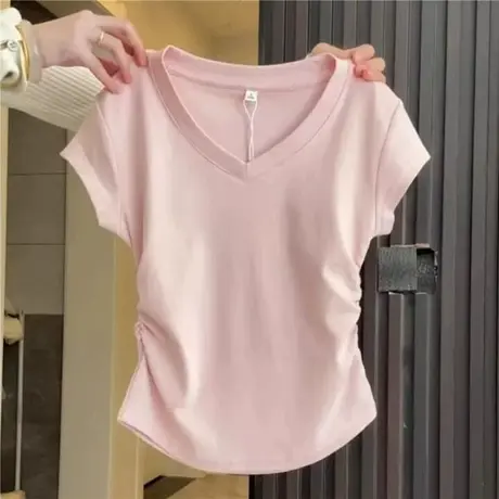粉色V领少女感正肩T恤夏季2025卡腰褶皱显瘦上衣女小众辣妹短袖图片
