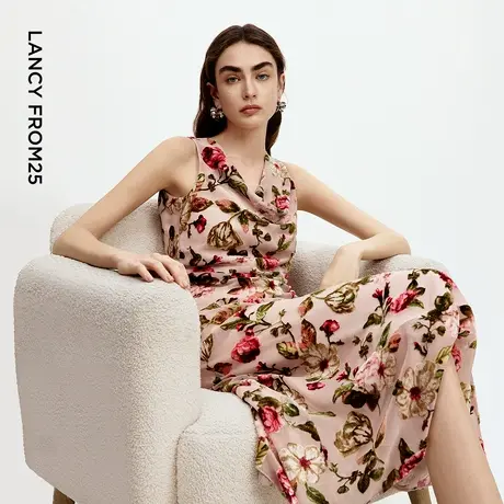 朗姿法式碎花荡领连衣裙抽褶设计感优雅度假裙子2025年秋季新款图片