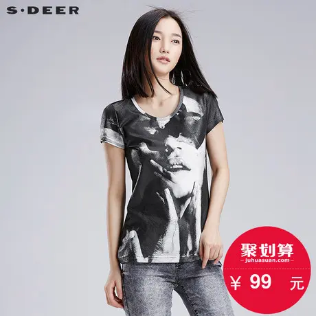 sdeer圣迪奥女夏装酷感人物印花挺括质感T恤S16280180图片