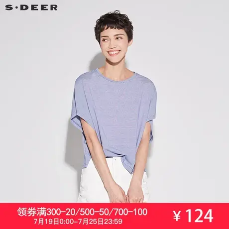 sdeer圣迪奥2019新款夏装文艺海军条纹宽松蝙蝠袖T恤女S18260179图片
