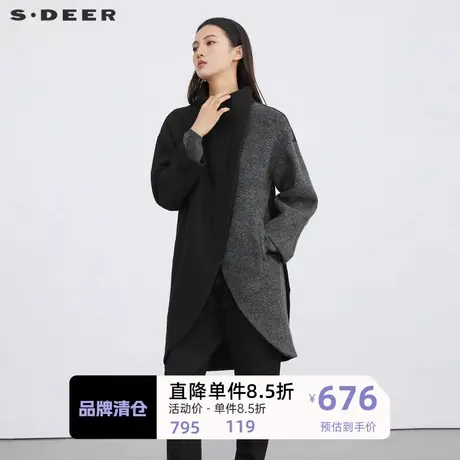 sdeer圣迪奥女装立领斜襟撞色拼接毛呢大衣S214Z1898图片