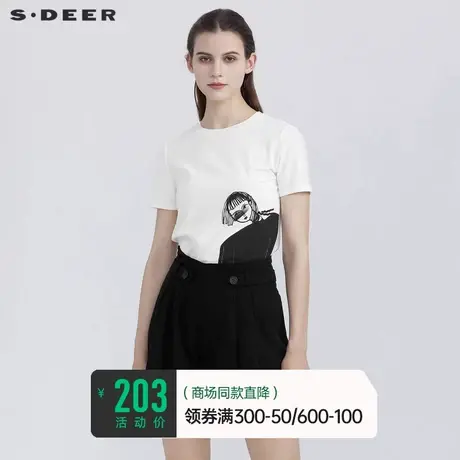 sdeer圣迪奥女装夏装简约圆领人像印花短袖T恤S21280127图片