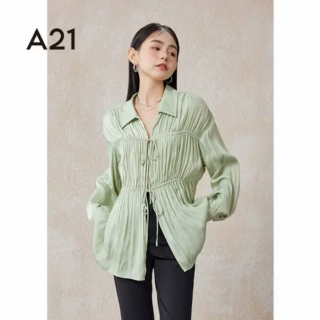 A21女装宽松翻领落肩衬衫型外套春季浅粉绿设计感图片