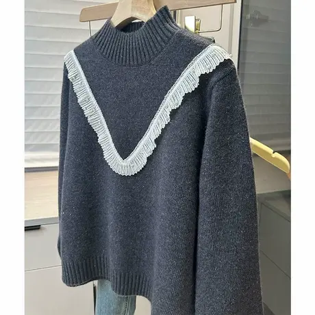 钉珠半高领套头毛衣女长袖拼接针织衫洋气女装上衣商品大图