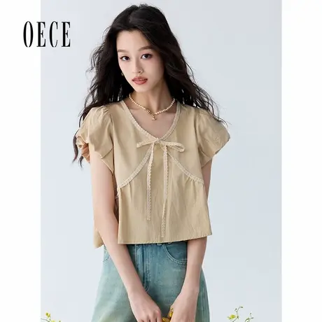 Oece法式蕾丝拼接泡泡袖衬衫夏季新款小个子甜美减龄显瘦衬衣商品大图