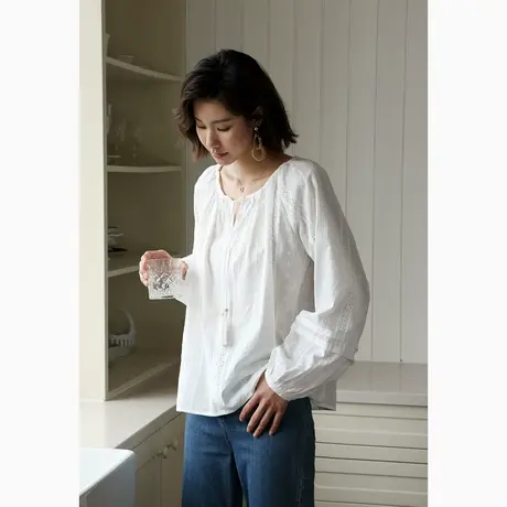 弥古法式镂空流苏系带白色衬衣女高级感长袖宽松纯棉上衣2025夏季商品大图