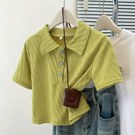 韩系肌理感翻领POLO衫短袖T恤女夏季韩版修身短款小个子半袖上衣商品大图