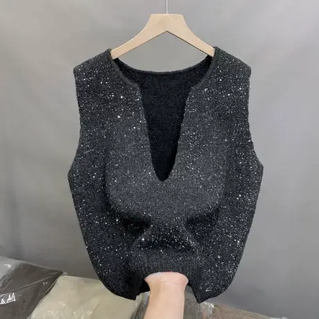 2025春装新款时尚欧货亮片V领无袖针织背心马甲百搭潮宽松毛衣女商品大图