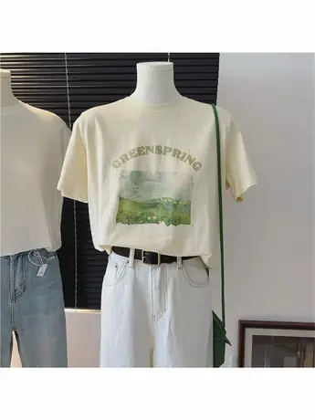 风景油画印花夏季宽松短袖棉质休闲时尚清新韩版女款青春T恤衫商品大图