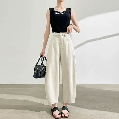 亚麻莱赛尔天丝棉哈伦牛仔裤女夏季薄款高腰宽松九分弯刀老爹裤子商品大图