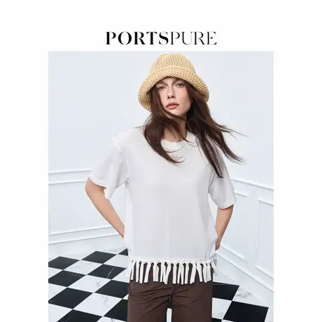 宝姿PORTSPURE女装2025夏季新品百搭手工编织流苏下摆T恤短袖上衣商品大图
