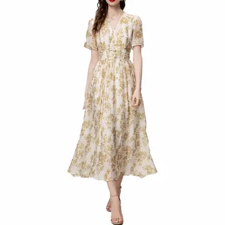 首尚格释2025夏季时尚新品飘逸修身显瘦过膝大摆印花碎花V领裙女商品大图