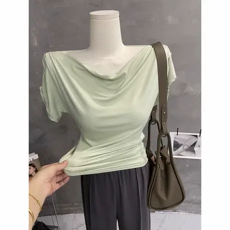设计感～韩国褶皱露肩上衣不规则斜肩一字肩短袖T恤纯色2023夏季图片