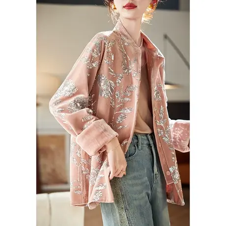 宝诗黎圆领亮片丝绒外套2025春季气质设计感小众百搭休闲长袖女装商品大图