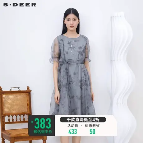 sdeer圣迪奥女装圆领收腰印花泡泡袖连衣裙S23261231商品大图