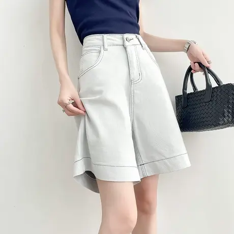 浅灰色五分牛仔短裤女夏季薄款高腰宽松休闲直筒显瘦阔腿四分中裤商品大图