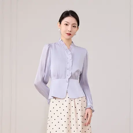 希区瑞普法式V领2025新款时尚气质V领雪纺衫女上衣木耳边通勤小衫商品大图