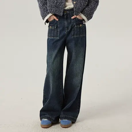 omont蛋挞家 复古做旧阔腿牛仔裤秋冬新款高腰显瘦直筒长裤子商品大图