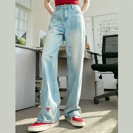 a02蝴蝶结刺绣阔腿浅蓝拖地裤2025春季宽松休闲女式牛仔裤图片