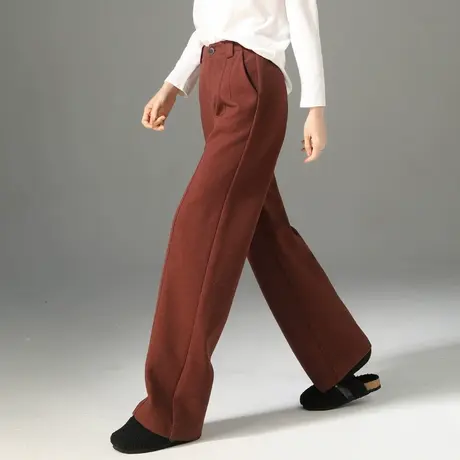 安可拉红窄版毛呢阔腿裤女新款高腰垂感直筒冬季加厚休闲秋冬裤子图片