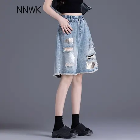毛边破洞牛仔短裤女夏薄款2025新款高腰显瘦五分裤松紧腰阔腿中裤商品大图