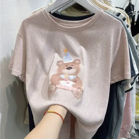 2025夏季新款韩版百搭t恤宽松显瘦可爱卡通熊印花圆领短袖上衣女商品大图