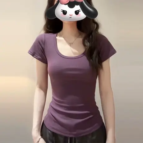 辣妹紧身收腰短袖T恤女夏季修身韩版打底衫U领露锁骨正肩上衣半袖商品大图