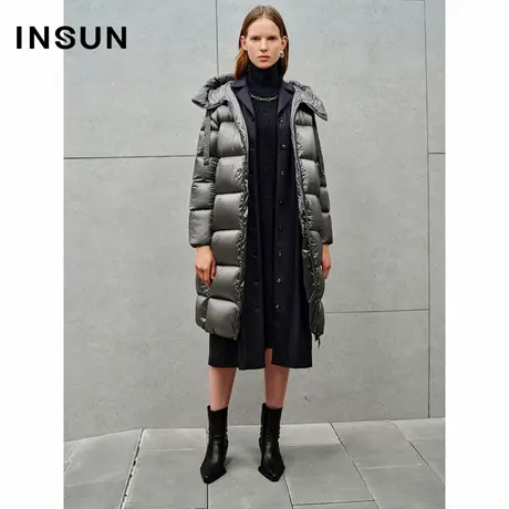 INSUN恩裳冬季银灰色绗缝连帽中长款鹅绒羽绒服商品大图