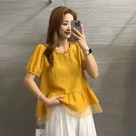 2025夏季新款韩版时尚百搭显瘦荷叶边衬衫女设计感小众短袖上衣潮商品大图