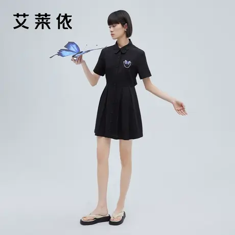 艾莱依法式黑色连衣裙女2022夏季新款气质显瘦衬衫裙高腰a字裙子商品大图