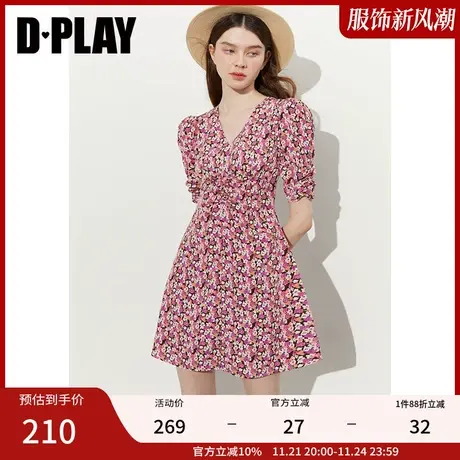 DPLAY夏新ins度假风粉调碎花V领气质抽褶印花短裙连衣裙商品大图