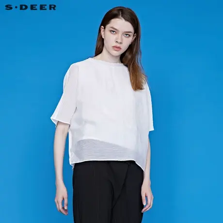 sdeer圣迪奥夏装套头圆领蝙蝠袖宽松大码条纹中袖T恤女S18280132图片