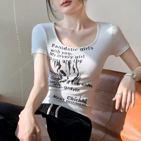 欧货方领短袖T恤女2025夏季晕染字母印花内搭上衣修身显瘦打底衫图片