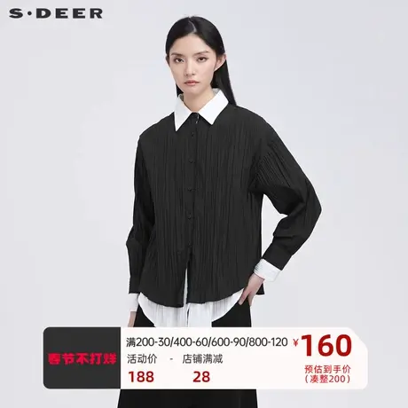 sdeer圣迪奥女装休闲翻领肌理褶皱撞色拼接长袖衬衫S21480511图片