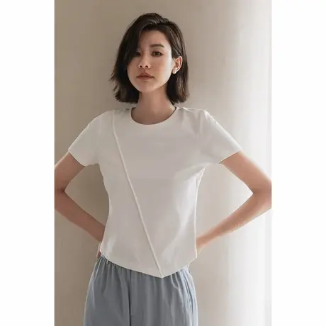 弥古白色圆领短袖女士t恤夏季薄款针织修身不规则上衣设计感女装商品大图