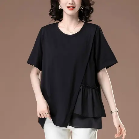 短袖t恤女夏季新款宽松加肥加大码中年妈妈纯色雪纺拼接显瘦体恤图片