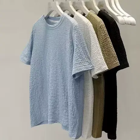 褶皱肌理感短袖T恤女夏季韩版宽松显瘦打底衫内搭圆领半袖上衣潮商品大图