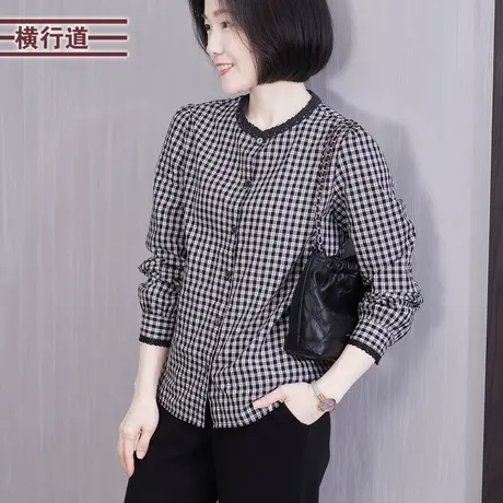 花边小圆领复古黑白格长袖开衫外套纯棉衬衫宽松中年妈妈装女春季商品大图