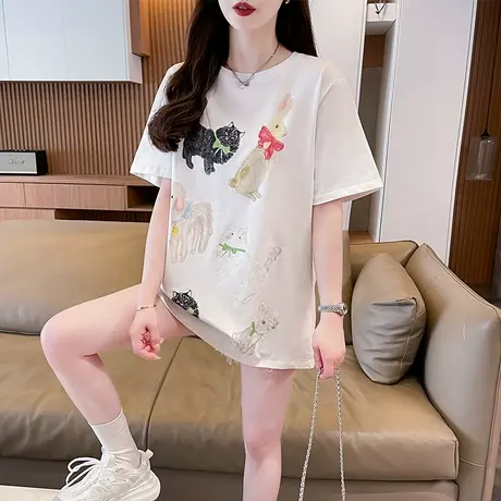 涂鸦短袖t恤女2025新款夏季韩版宽松大码中长款设计感小众上衣服商品大图