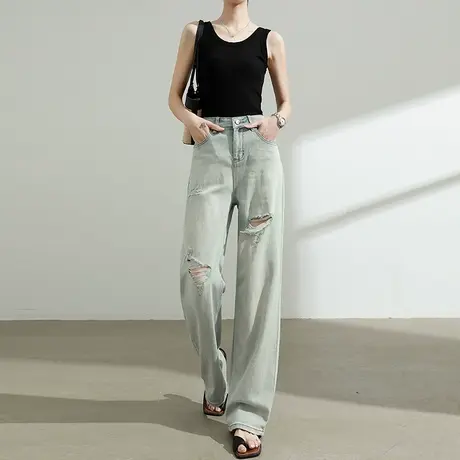 破洞牛仔裤女夏季薄款高腰宽松直筒美式复古浅蓝色阔腿拖地乞丐裤商品大图